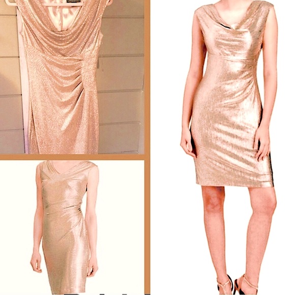 Lauren Ralph metallic white gold ruched & draped Neck Holiday Dress NEW RE$299 S - Picture 14 of 15